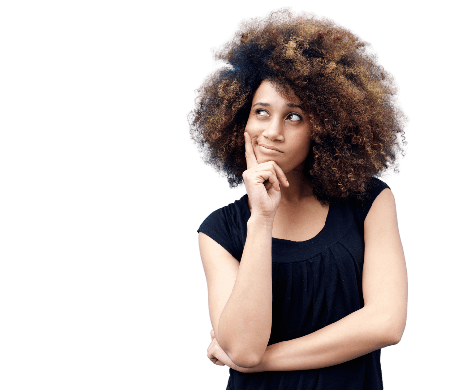 Woman with her hands on her face looking up as if she's thinking about something